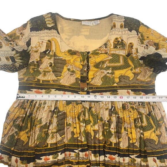 Vintage 80s Boho Cotton Dress Semi Sheer Elephant Print India Size Large - Picture 11 of 12